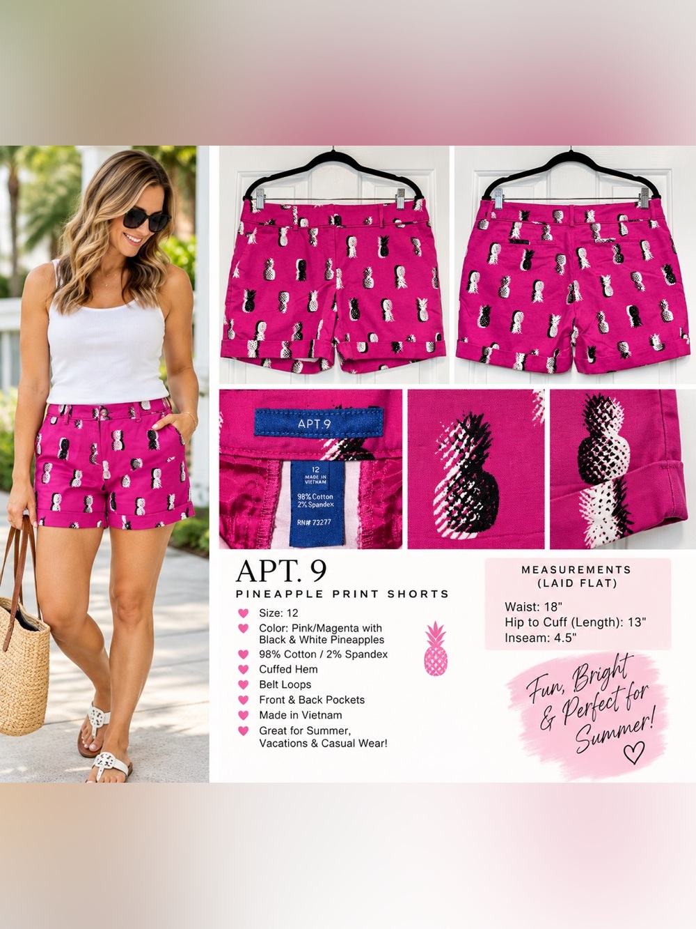 APT. 9 Pink Pineapple Print Shorts Size 12 Black White Cuffed Stretch